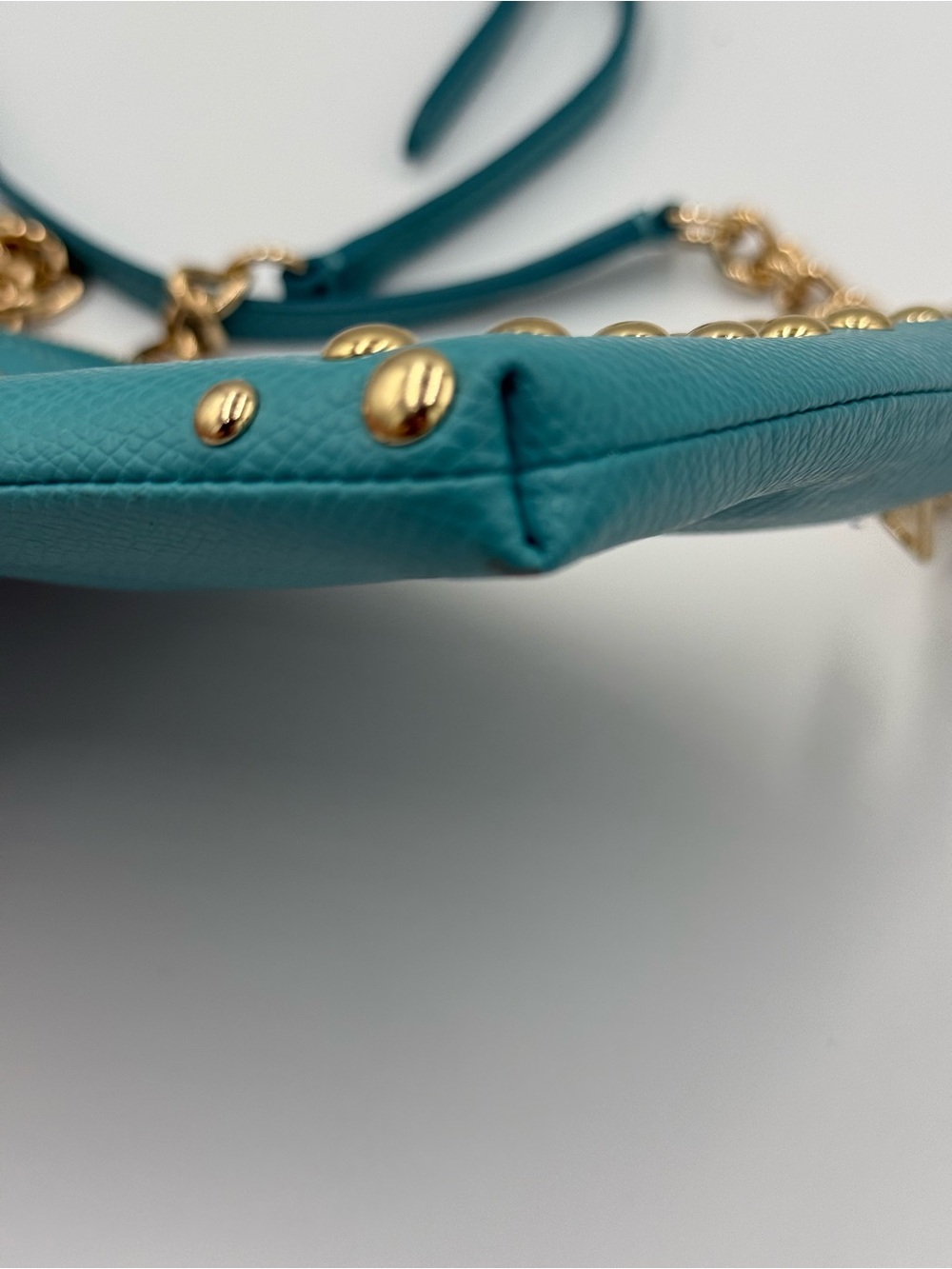COACH Quinn Teal Leather Studded Crossbody with Gold Chain - Picture 9 of 9